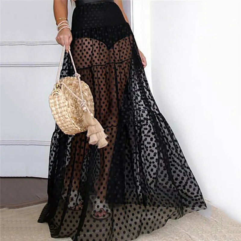 Women Tulle Tutu Long Polka Dot Skirts Wedding Party Cocktail Mesh Transparent Maxi Skirt Fashion Summer See Through Vestidos