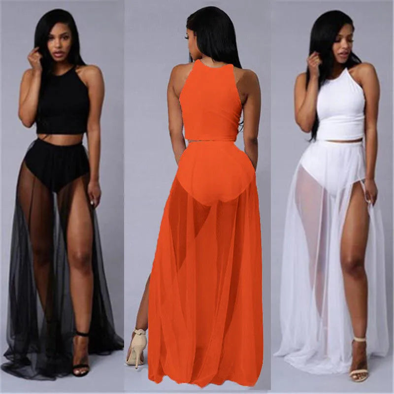 Women High Waist Mesh Skirts Empire See Through Sheer Side Split Skirt Solid Transparent Chiffon Maxi Long Skirt Summer 2018