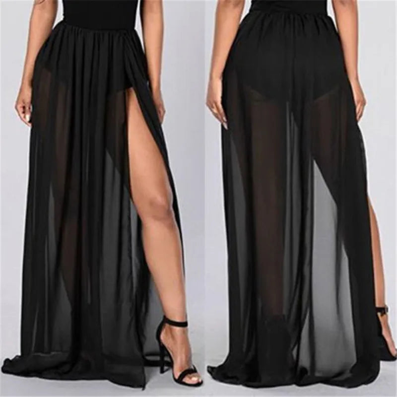 Women High Waist Mesh Skirts Empire See Through Sheer Side Split Skirt Solid Transparent Chiffon Maxi Long Skirt Summer 2018