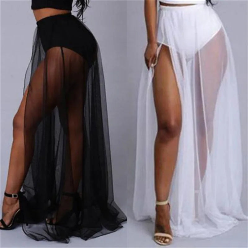 Women High Waist Mesh Skirts Empire See Through Sheer Side Split Skirt Solid Transparent Chiffon Maxi Long Skirt Summer 2018