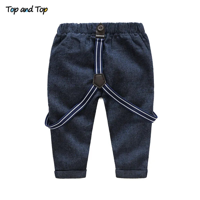 Top and Top Baby Boy Clothing Set Autumn Newborn Gentleman Suit Long Sleeve Bow Shirt+Suspender Pants Kids Cotton Formal Clothes