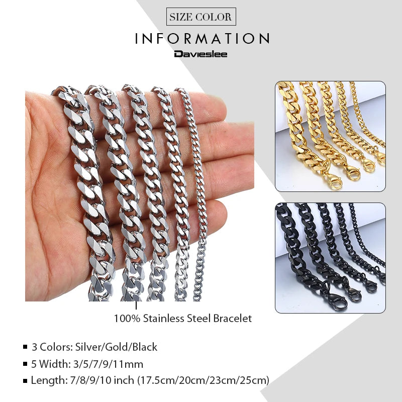 Bracelet for Men Women Curb Cuban Link Chain Stainless Steel Mens Womens Bracelets Chains Davieslee Jewelry for Men DLKBM05