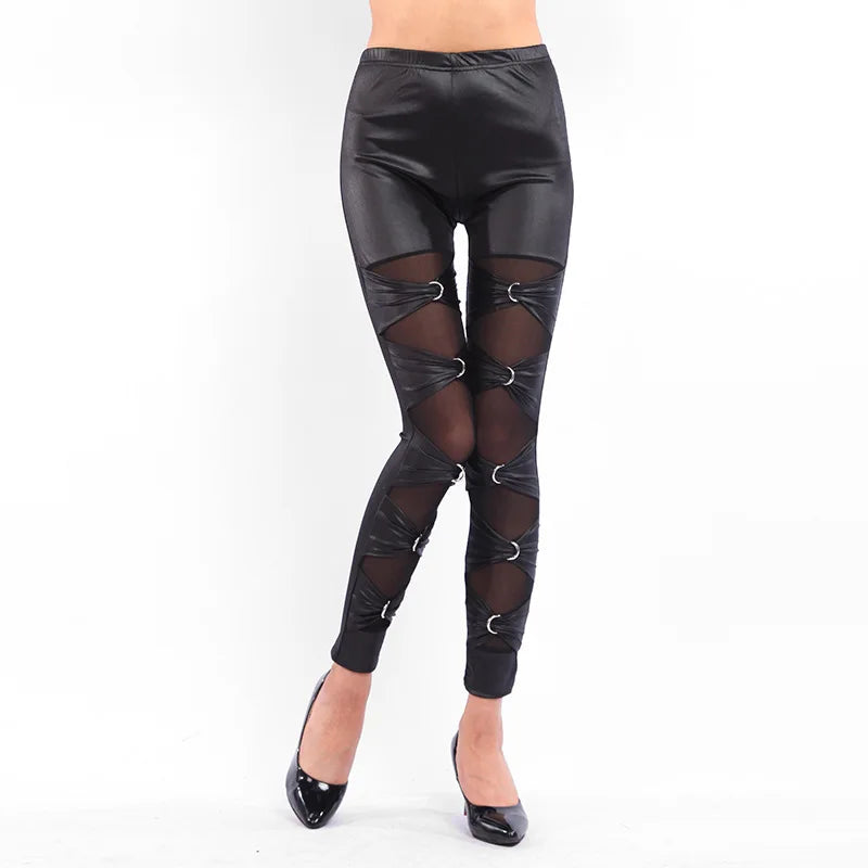 lady sexy punk rock metal leggings gothic lace up leggings night bar club ring cross legging fake leather riveet pant