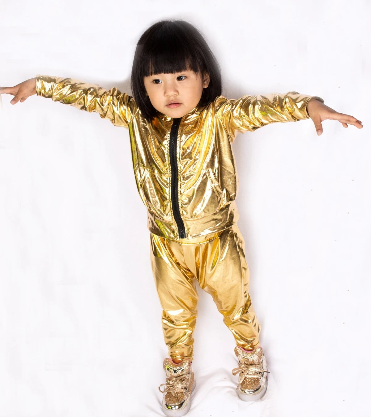 Spring Autumn Kids Gold  bomber Jacket Stage Performance Wear paillette feminina casaco Hip Hop dance coat