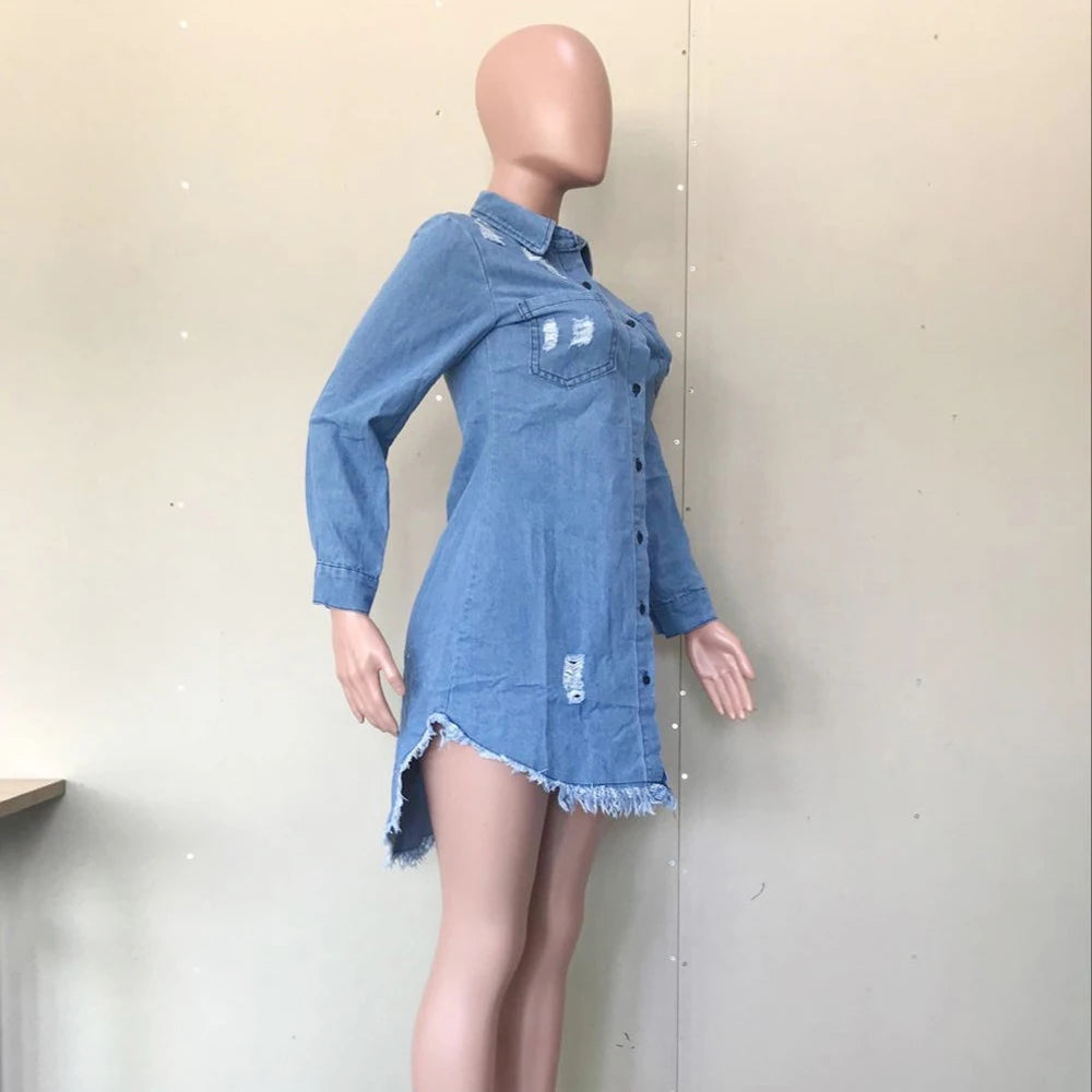 Vintage Women Denim Mini Asymmetrical Dress Sexy Turn Down Neck Long Sleeve Ribbbed Tassel Shirt Dress Mini Blue Jean Vestido