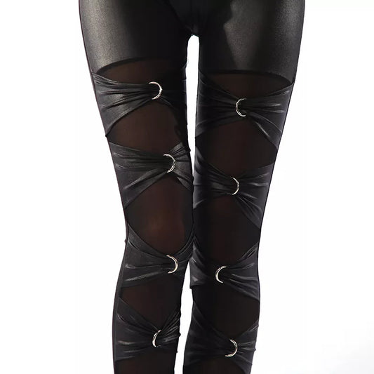 lady sexy punk rock metal leggings gothic lace up leggings night bar club ring cross legging fake leather riveet pant