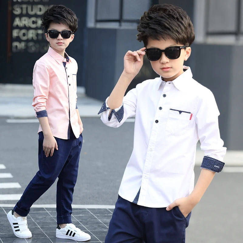 Kids Clothes Spring Autumn Boys Cotton Blouses Kids Boys Long Sleeve Shirt Children Fashion Shirt 5-15 Years Turn-down Collar