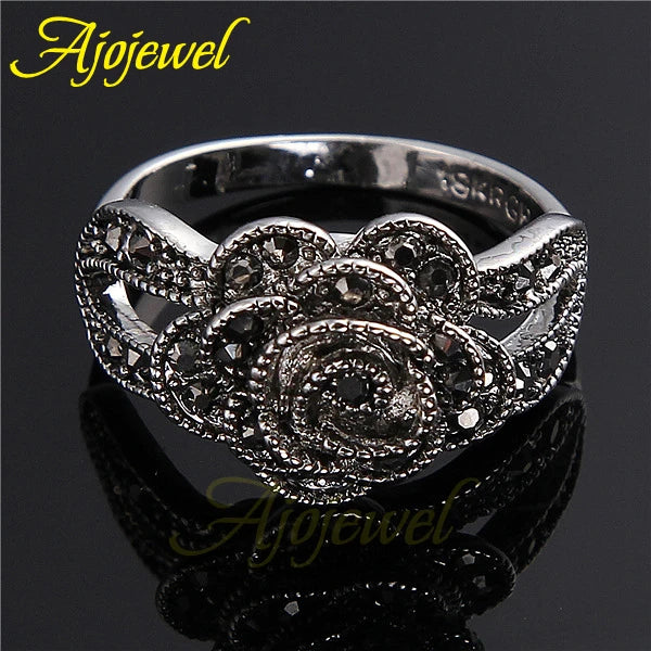 Rhinestone Black Flower Finger Ring For Women Brand Jewelry Vintage Style Size 6-10