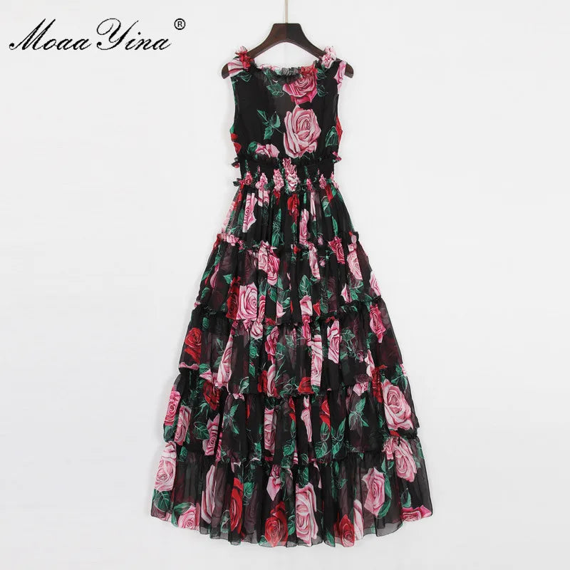 MoaaYina Fashion Designer Runway Dress Summer Women's Sleeveless V-neck Rose Floral-Print Ruffles Elastic waist Vacation Dresses