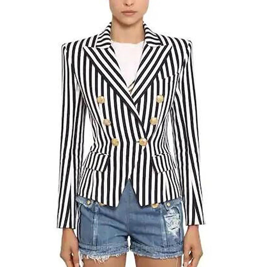 TOP QUALITY Newest 2024 Stylish Designer Blazer Jacket Women's Lion Buttons Double Breasted Classic Striped Print Blazer