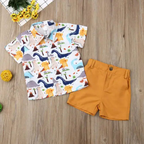 Citgeett Summer Toddler Kids Baby Boys Tops T-shirt Dinosaur Pants Yellow Shorts Outfits Gentleman Set