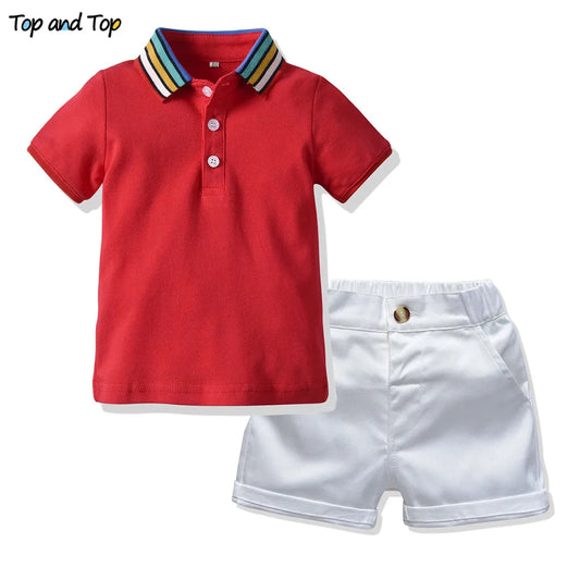 Top and Top Summer Boys Clothing Sets Short Sleeve Striped Cotton T-shirt Blouse+Short Pant Kids Boy Gentleman Clothes 2Pcs Suit