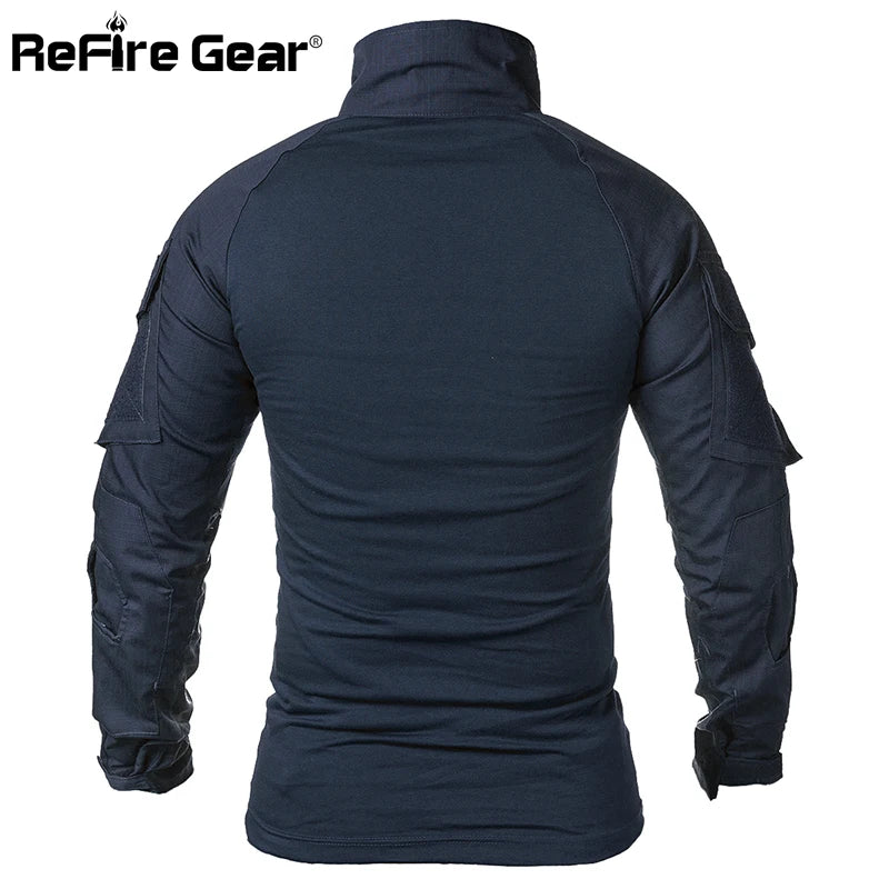 ReFire Gear Army Combat T shirt Men Long Sleeve Tactical T-Shirt Solid Cotton Military Shirt Man Navy Blue Hunt Airsoft T Shirts