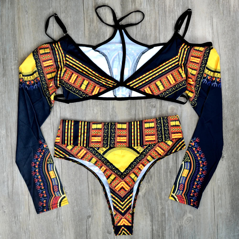 African Print High Waist Bikini Women Swimsuit Long Sleeve Swimwear Female Off Shoulder Two pieces Bikini set Bathing Suit Swim