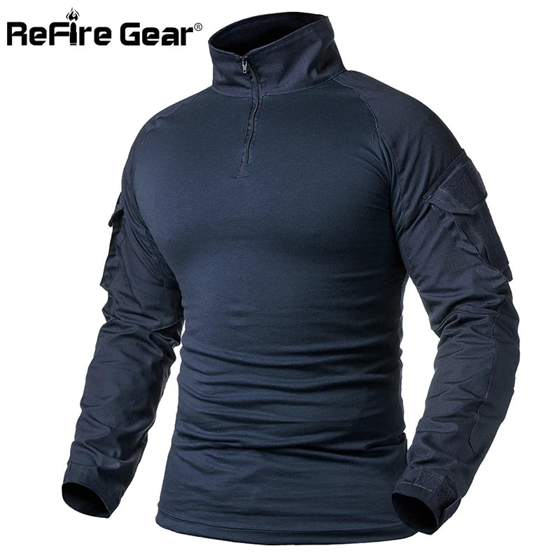 ReFire Gear Army Combat T shirt Men Long Sleeve Tactical T-Shirt Solid Cotton Military Shirt Man Navy Blue Hunt Airsoft T Shirts