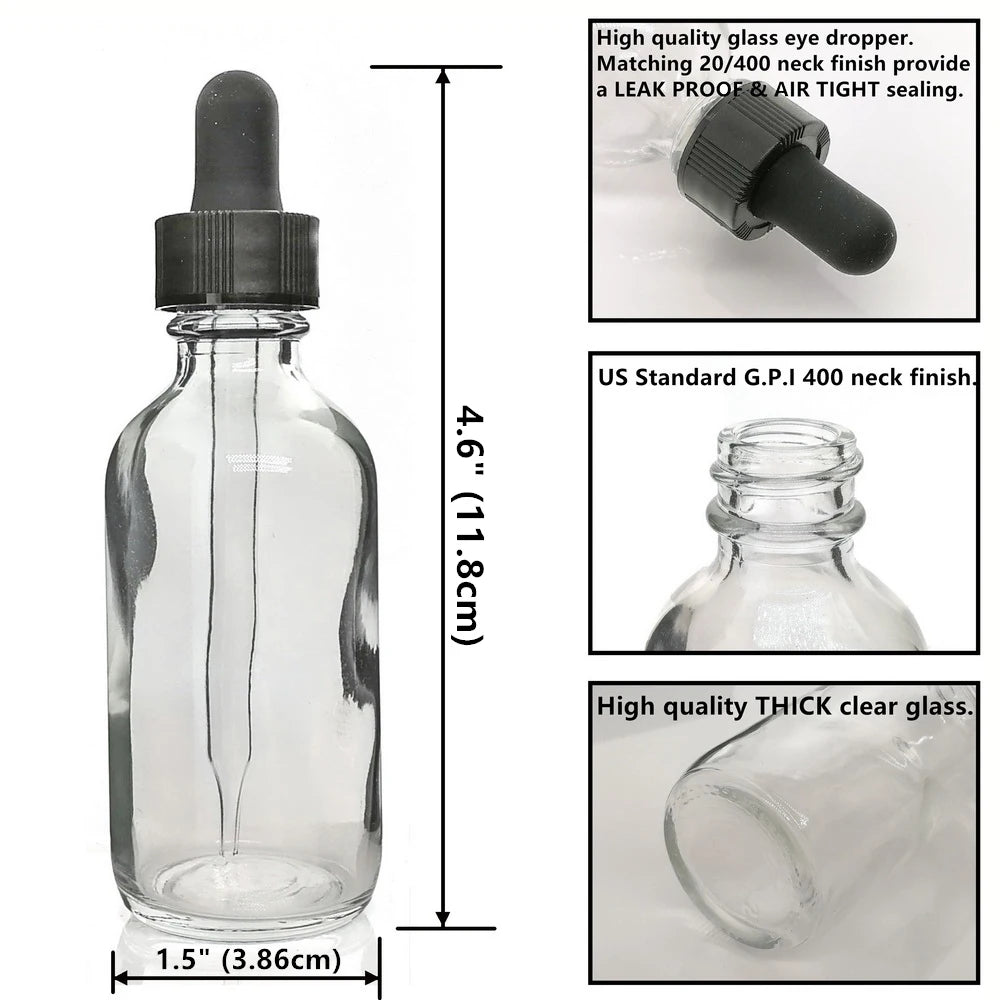 12pcs 2 Oz 60ml Glass Eye Dropper Bottles Empty Leakproof Travel Clear Tincture Bottle for Essential Oils Liquids Lab Chemicals