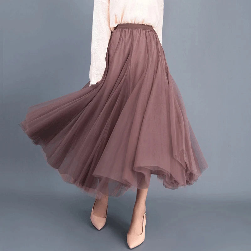 OHRYIYIE Beige Maxi Long Skirt Spring Autumn Womens 2023 New Summer Tulle Skirt Party Mesh A-line Skirts Female Jupe Longue