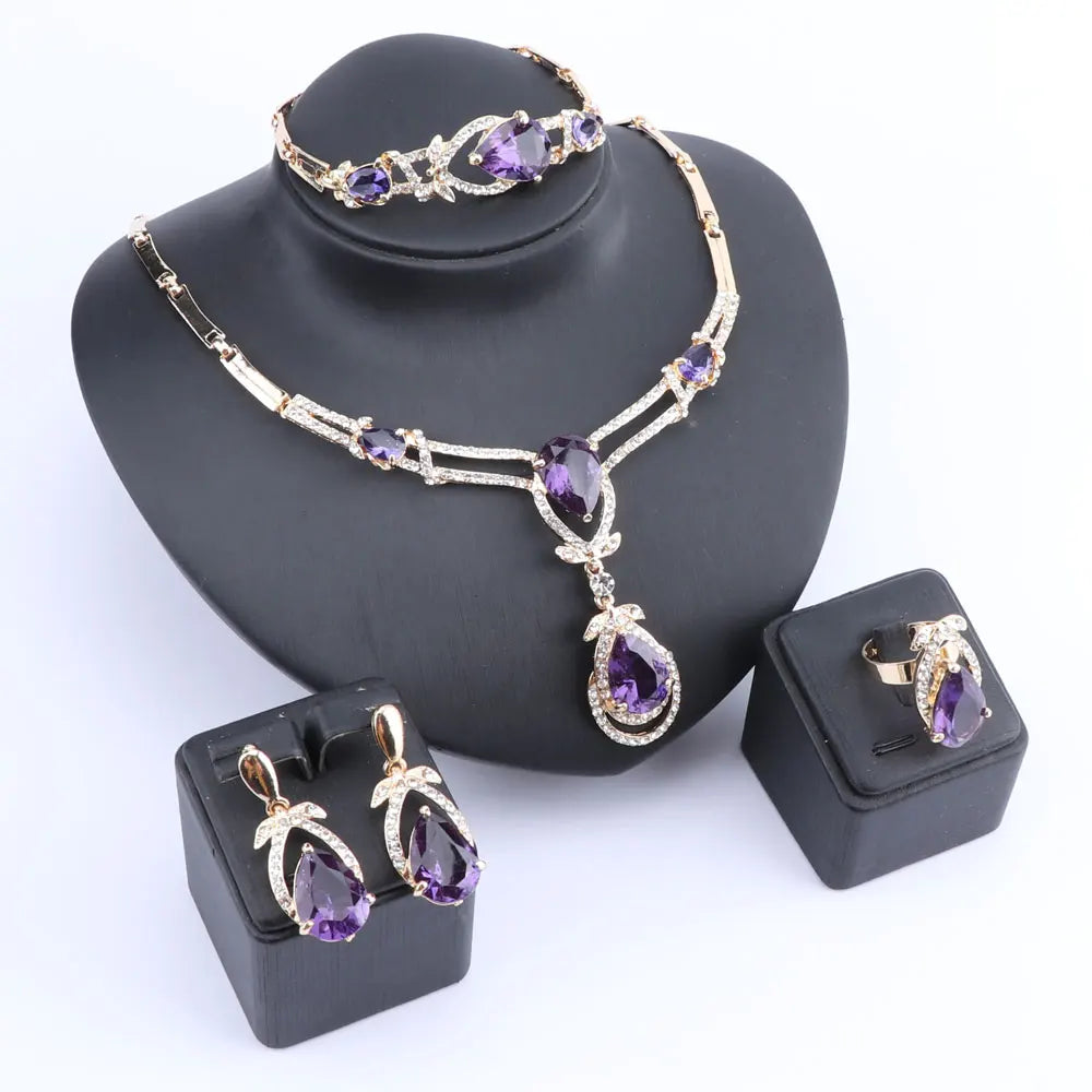 Women Gold Color Purple Zircon Crystal African Beads Necklace Bracelet Earring Ring Saudi Jewelry Set Party Bridal Decoration