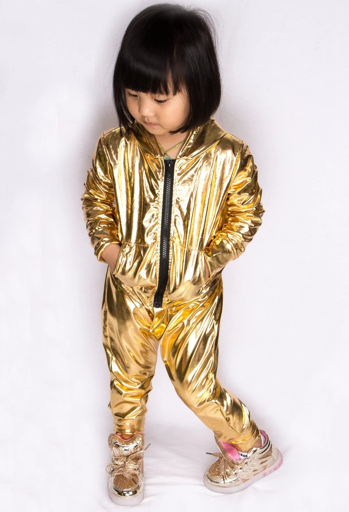 Spring Autumn Kids Gold  bomber Jacket Stage Performance Wear paillette feminina casaco Hip Hop dance coat