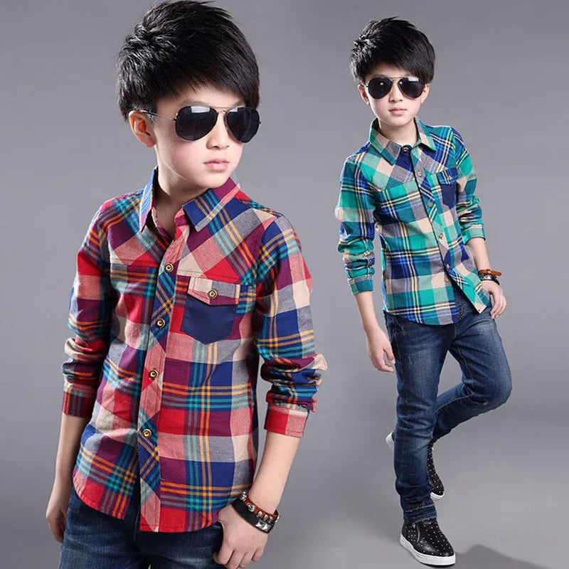 New 2024 Spring Cotton Kids Clothes Fashion Casual Handsome Shirt for Children blouses Boys Plaid Long Sleeve dress Shirts