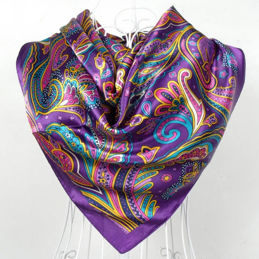 Spring And Autumn Female Satin Scarf,Big Square Scarves Hijabs Printed,Women Scarf,Purple Polyester Silk Scarf Shawl 90*90cm