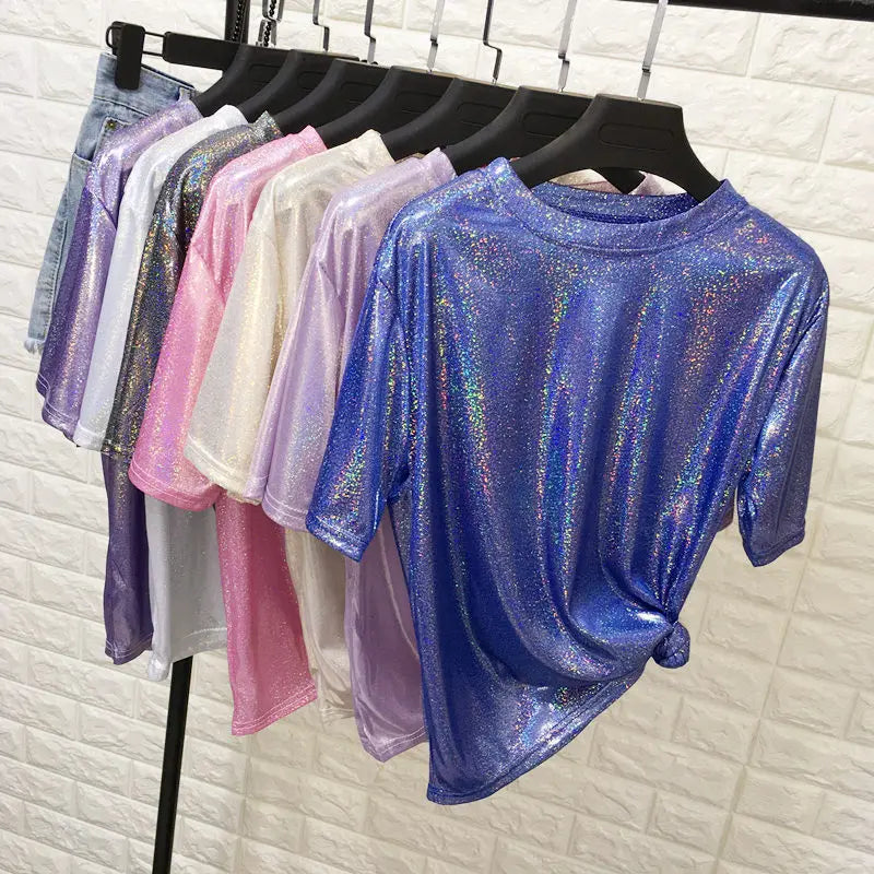 New summer retro style stylish bright silk woman tops shiny loose short sleeve t-shirt sexy club aesthetic harajuku women tshirt