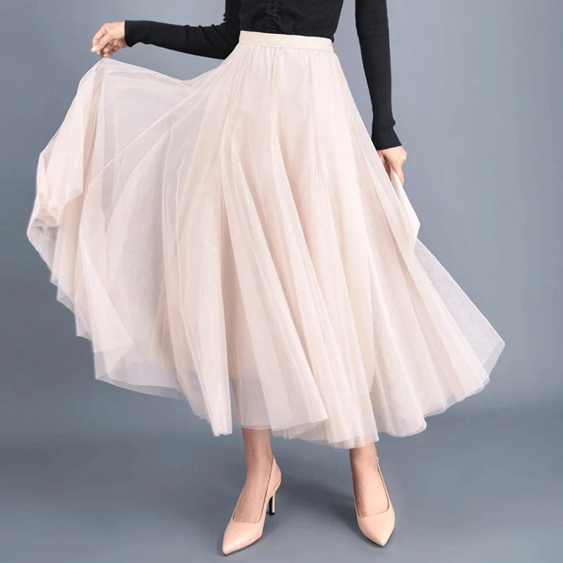 OHRYIYIE Beige Maxi Long Skirt Spring Autumn Womens 2023 New Summer Tulle Skirt Party Mesh A-line Skirts Female Jupe Longue