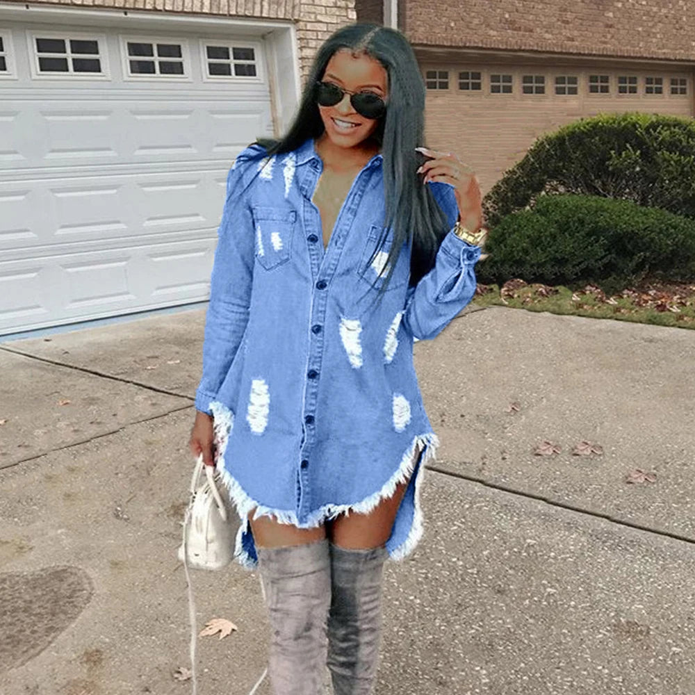 Vintage Women Denim Mini Asymmetrical Dress Sexy Turn Down Neck Long Sleeve Ribbbed Tassel Shirt Dress Mini Blue Jean Vestido