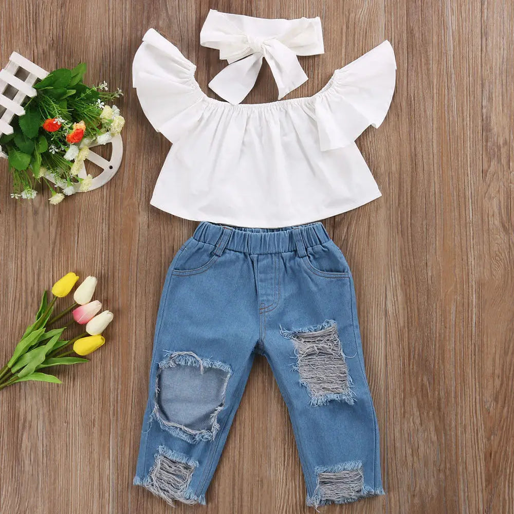 2020 New Brand Toddler Infant Child Girl Kids Off Shoulder Tops Denim Pants Jeans Outfits Headband 3Pcs Set Fashion Clothes 1-6Y