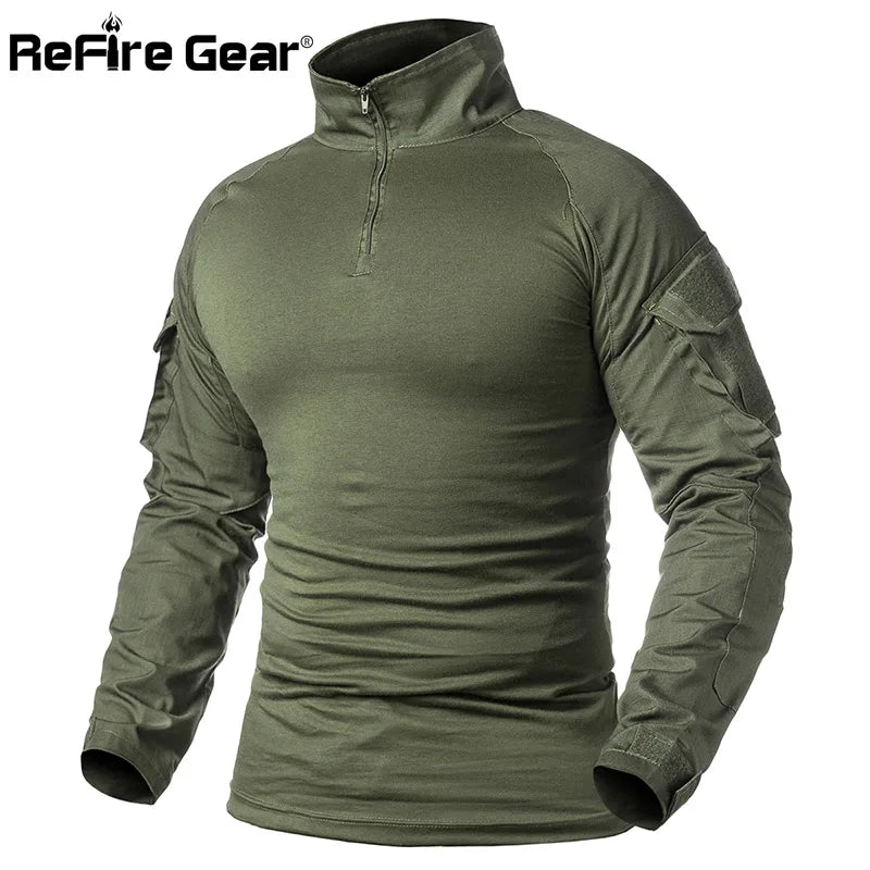 ReFire Gear Army Combat T shirt Men Long Sleeve Tactical T-Shirt Solid Cotton Military Shirt Man Navy Blue Hunt Airsoft T Shirts