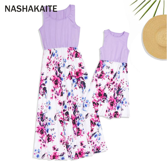 NASHAKAITE Mom and daughter dress  Family matching clothes Floral Printed Long Dress For Mother Daughter Mommy and me clothes