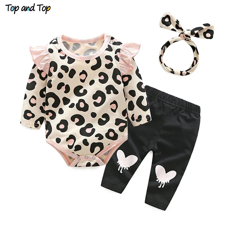 Top and Top Baby Girls Clothes Set 2018 Autumn Newborn Baby Girl Clothing Leopard Print Rompers Headband Pants 3PCS Outfits Set