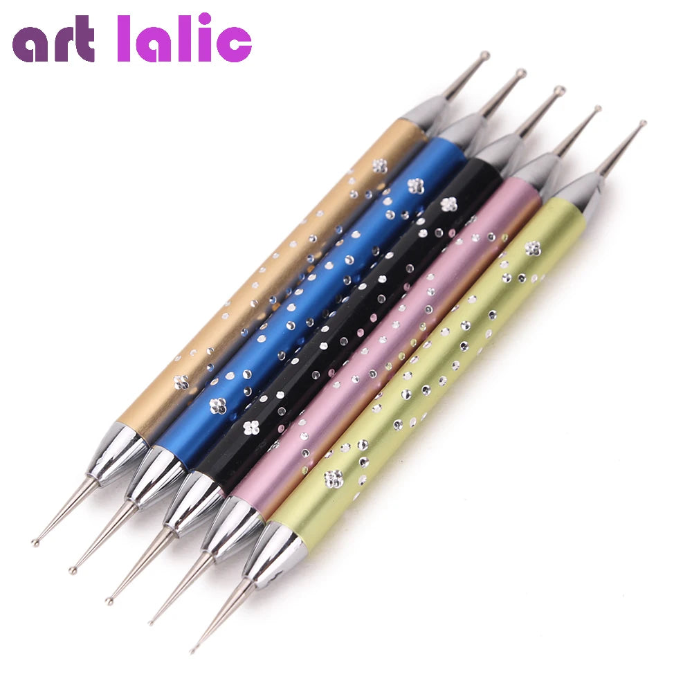 Double-head Marbleizing Metal Nail Art Dotting Pen, Manicure Polish Painting, DIY Design, Fingernail Tool, 5Pcs Set