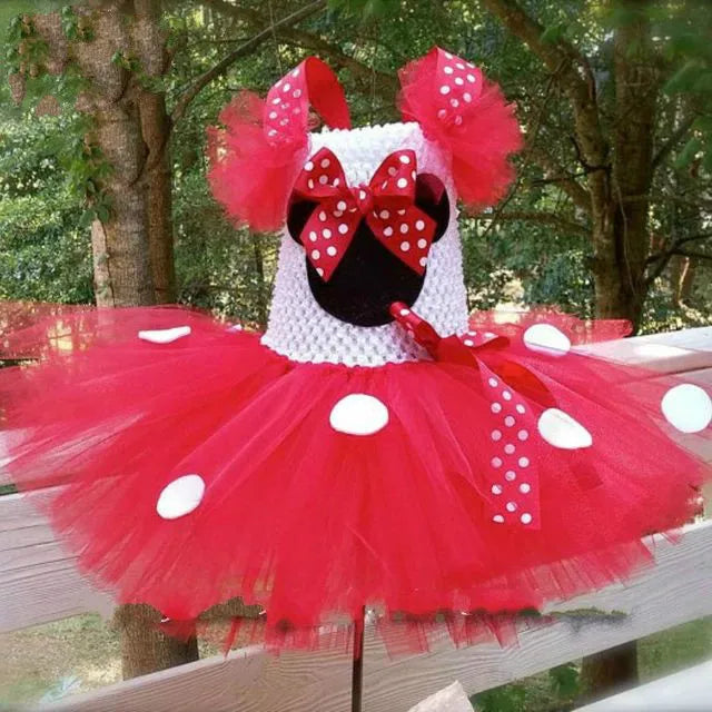 Cute Girls Pink Mickey Tutu Dress Baby Crochet Tulle Dress with White Dots and Hairbow Kids Birthday Party Cartoon Cosplay Dress