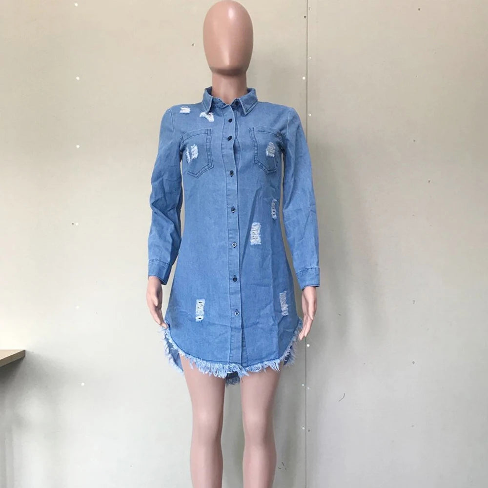 Vintage Women Denim Mini Asymmetrical Dress Sexy Turn Down Neck Long Sleeve Ribbbed Tassel Shirt Dress Mini Blue Jean Vestido