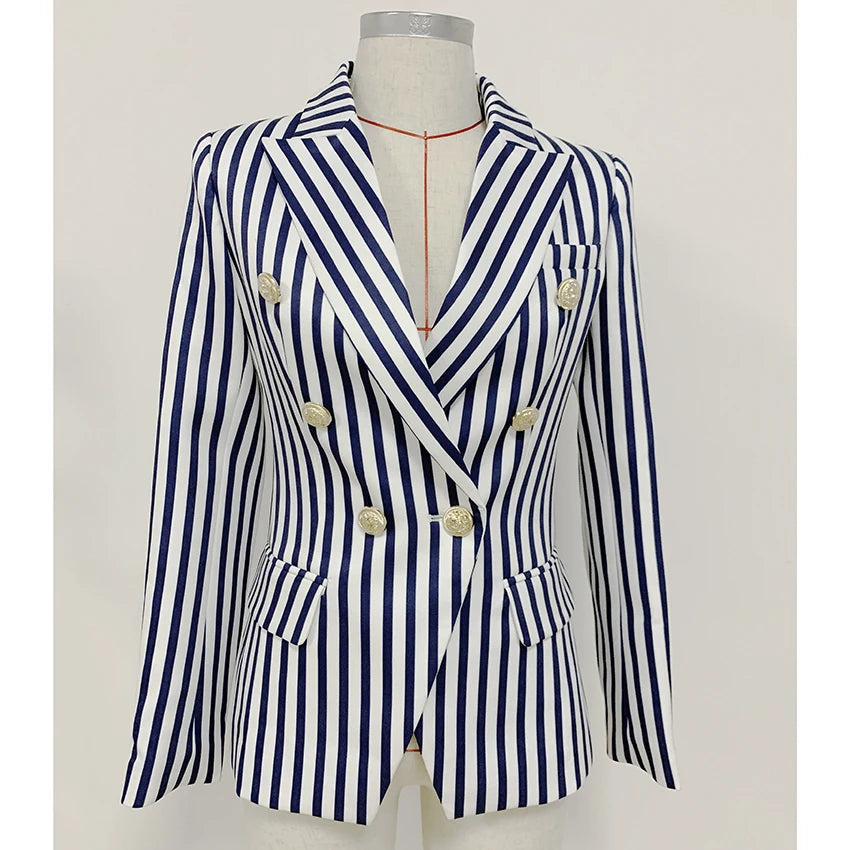 TOP QUALITY Newest 2024 Stylish Designer Blazer Jacket Women's Lion Buttons Double Breasted Classic Striped Print Blazer