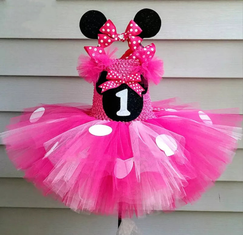 Cute Girls Pink Mickey Tutu Dress Baby Crochet Tulle Dress with White Dots and Hairbow Kids Birthday Party Cartoon Cosplay Dress