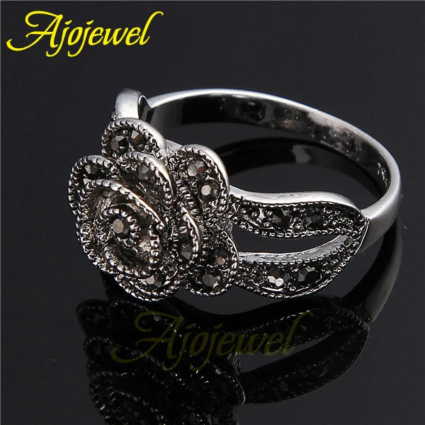 Rhinestone Black Flower Finger Ring For Women Brand Jewelry Vintage Style Size 6-10