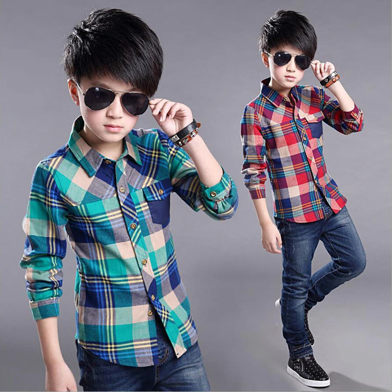 New 2024 Spring Cotton Kids Clothes Fashion Casual Handsome Shirt for Children blouses Boys Plaid Long Sleeve dress Shirts