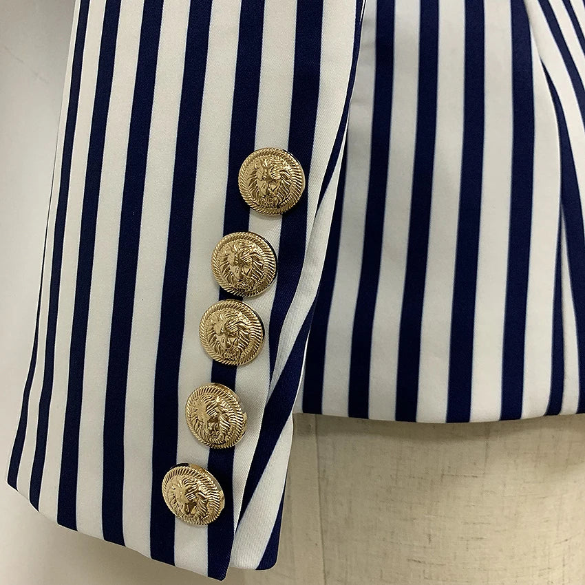 TOP QUALITY Newest 2024 Stylish Designer Blazer Jacket Women's Lion Buttons Double Breasted Classic Striped Print Blazer