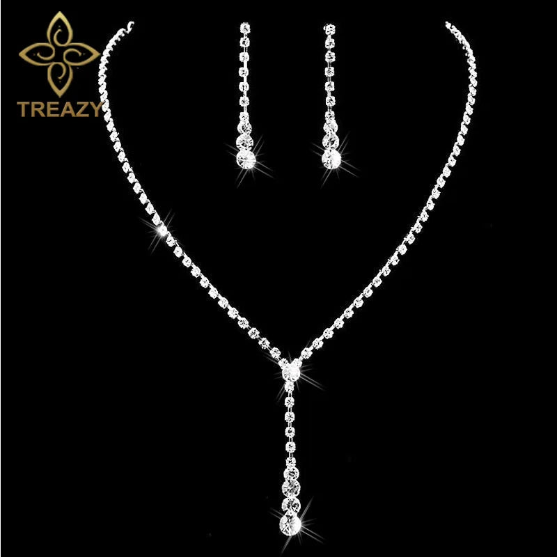 TREAZY Silver Plated Celebrity Style Drop Crystal Necklace Earrings Set Bridal Bridesmaid Wedding Jewelry Sets