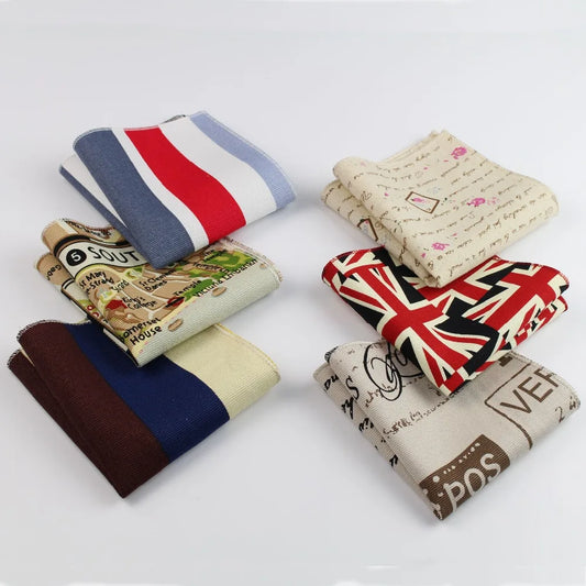 Handkerchief Scarves Vintage Linen Hankies Men's Strip Star Map Design Pocket Square Handkerchiefs 22*22cm