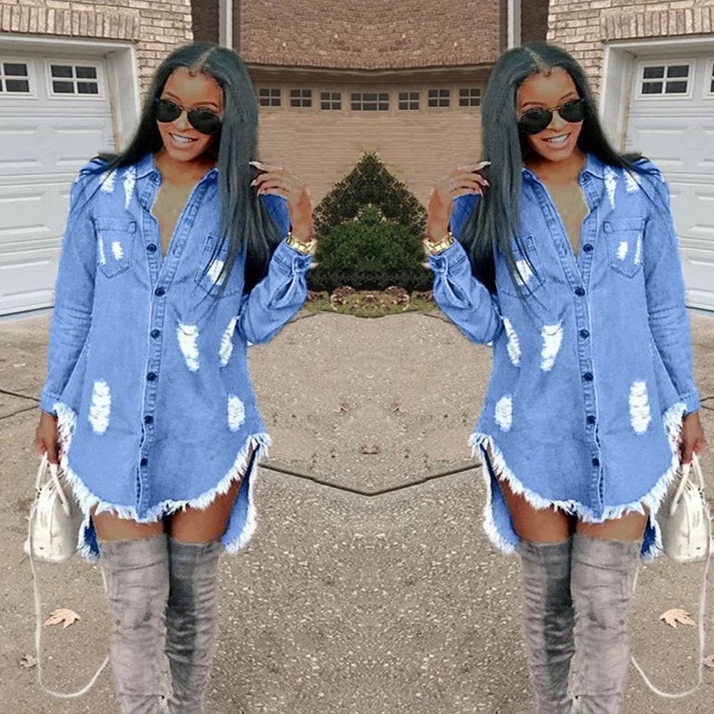 Vintage Women Denim Mini Asymmetrical Dress Sexy Turn Down Neck Long Sleeve Ribbbed Tassel Shirt Dress Mini Blue Jean Vestido