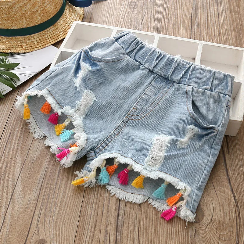 2024 Hot Summer Fashion Beauty Cute 2 3 4 5 6 8 10 12 Years Children Short Jeans Pants Tassel Hole Baby Kids Girls Denim Shorts