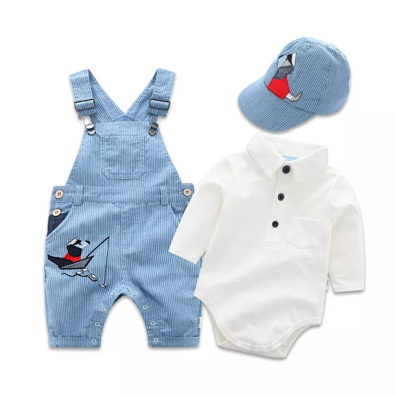 Newborn Clothes Toddler Boy Hat Romper Baby Set 3PCS Cotton Bib Long-sleeved Jumpsuit Suit Boys Fashion Outfit 3 6 9 12 18 24M