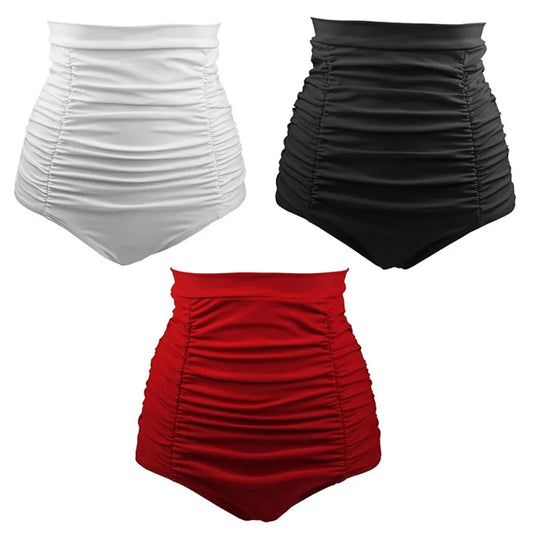 Women Vintage Bottom Shorts Ladies Solid Pleated Ruched Brazilian Bathing Shorts for Female