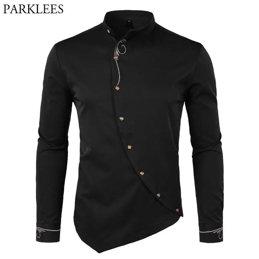 Men's Hipster Oblique Button Down Embroidery Dress Shirt 2022 New Slim Fit Long Sleeve Shirt Men Casual Business Wedding Camisas