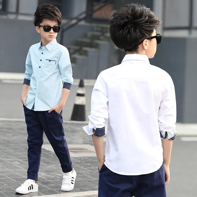 Kids Clothes Spring Autumn Boys Cotton Blouses Kids Boys Long Sleeve Shirt Children Fashion Shirt 5-15 Years Turn-down Collar