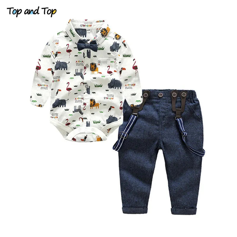 Top and Top Baby Boy Clothing Set Autumn Newborn Gentleman Suit Long Sleeve Bow Shirt+Suspender Pants Kids Cotton Formal Clothes