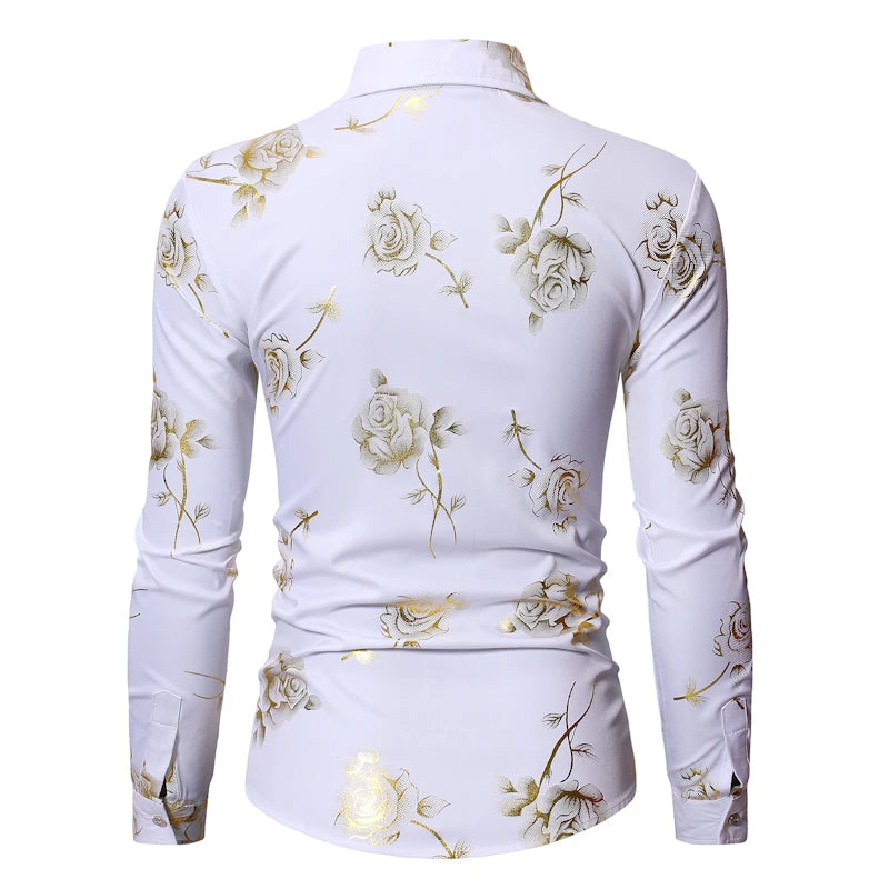 Mens Gold Rose Floral Print Shirts Brand Floral Steampunk Chemise White Long Sleeve Wedding Party Bronzing Camisa Masculina